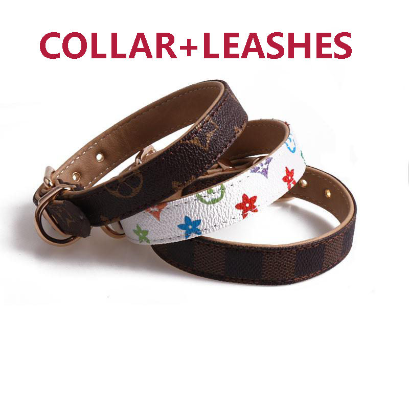 

10 Colors Dog Collars Classic Print Designer Pet Leashes Indoor Outdoor Durable PU Collar Leash Set