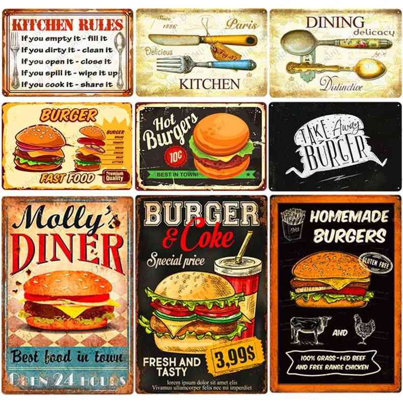 

Vintage Kitchen Rules Plaque Burgers Fries Tin Sign Cafe Home Room Decor Fast Food Metal Plate Dinning Wall Poster N376