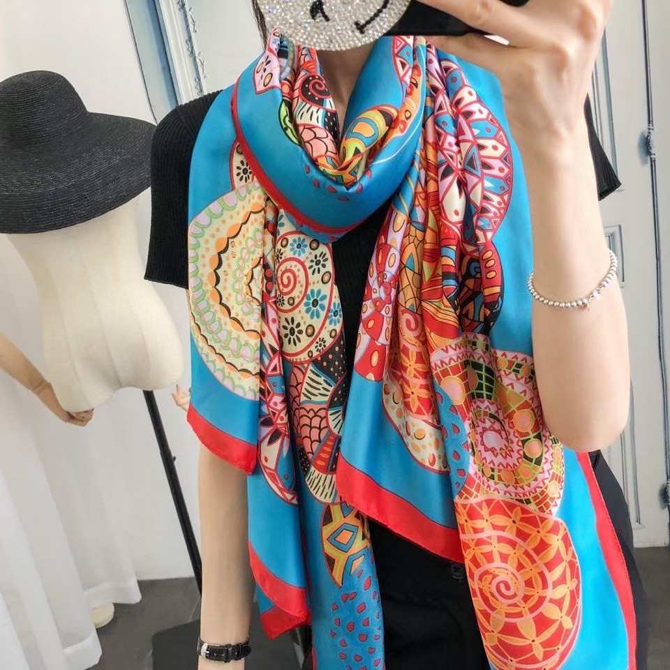 

Wholesale-Top Qualtiy Size 180x90cm 100% Silk Scarfs Euro Brand French designer floral Pattern Printed Women Gift Silk Scarves no box, Blue;gray