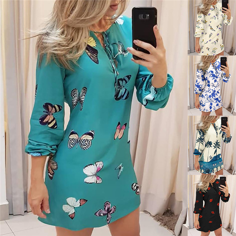 

2021 New Women Butterfly Print Tie Front Elegant Fashion Chic Slim Party Autumn Long Sleeve Mini Es Vestidos 9pt8, Silhouette printing