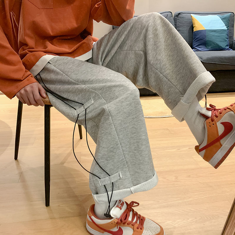 

2021 New Spring Wide-leg Men' Fashion Casual Men Streetwear Korean Loose Hip-hop Straight Mens Joggers Track Pants Sdpl, Black