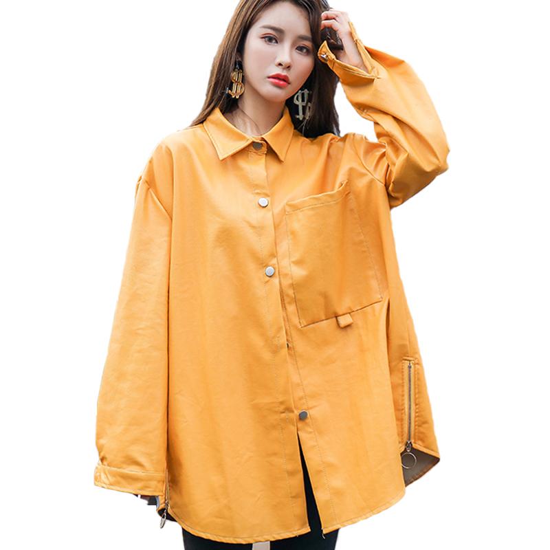 

Women's Leather & Faux Autumn Pu Jacket Pocket Spliced Coat Side Zipper Long Loosen Motorcycle For Women Plus Size Clothes, Black