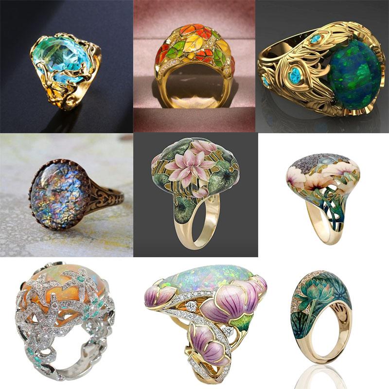 Wedding Rings Fashion Women -selling Jewelry Golden Retro Style Hand-painted Oil Female Ring-image-711047584