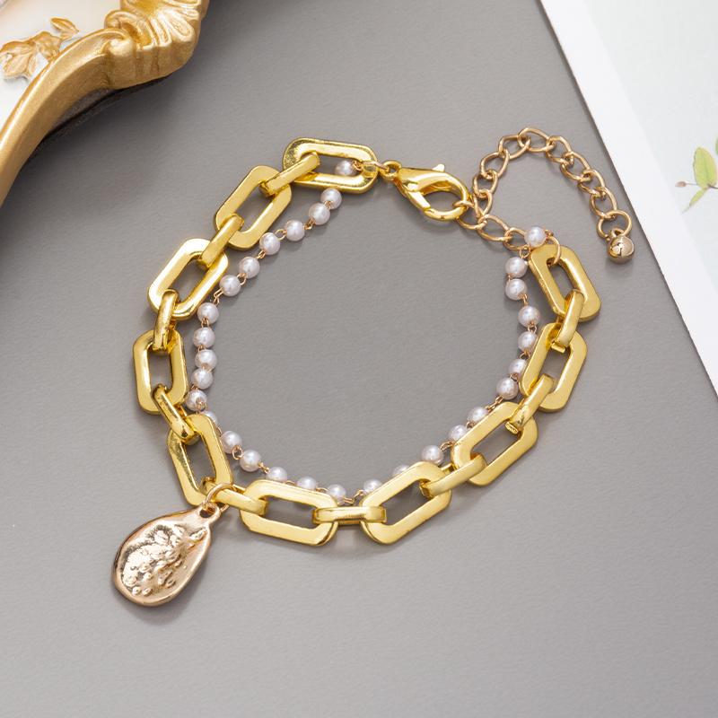 

Link, Chain Vintage Fashion Simulated Pearl Gold Color Thick Punk Bracelets For Women Baroque Geometric Pendant Bracelet Jewelry Gifts