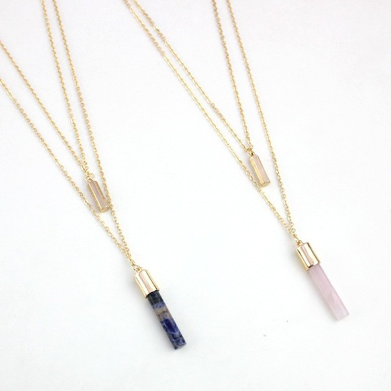 

Fancy Design Double Layered Blue Aventurine Pink Crystal Pendant Necklace for Young Ladies