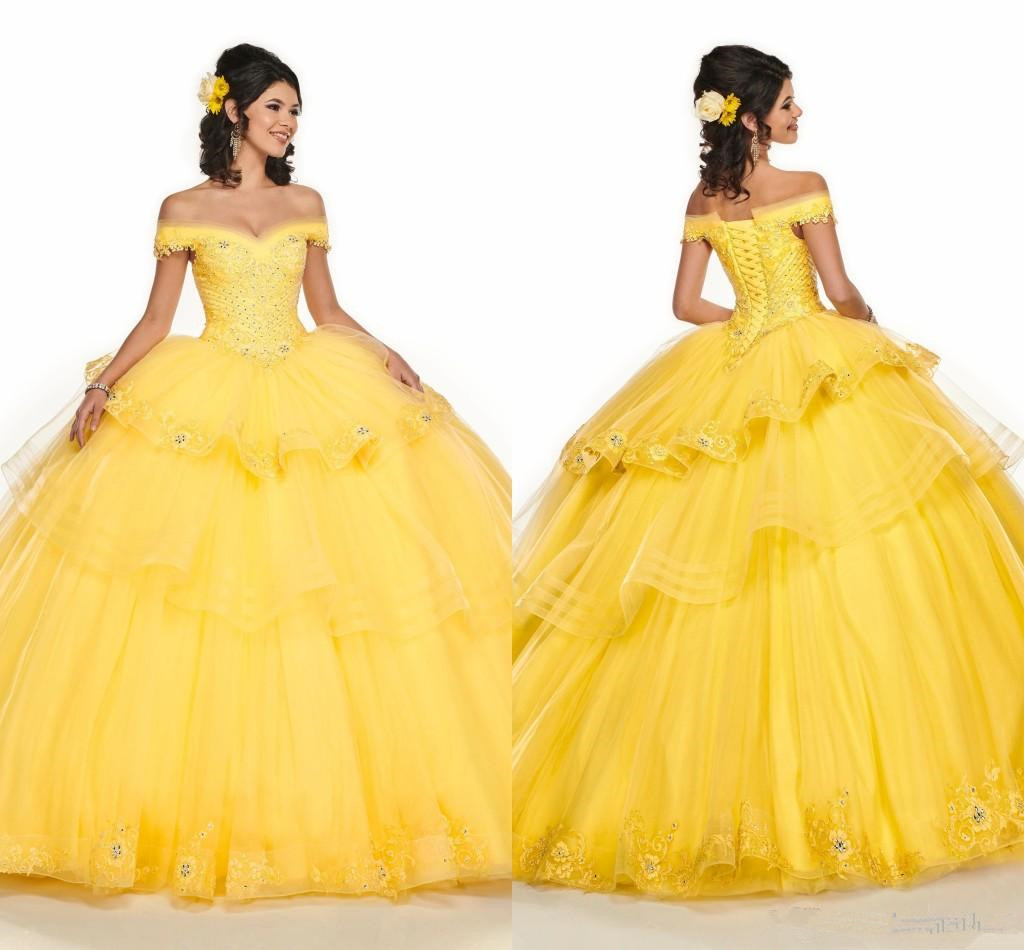 

Yellow Tiered Skirt Off Shoulder Ball Gown Sweet 16 Dresses Embroidery Beading Crystal Tulle Corset Back Prom Dress Vestidos De Quinceanera, Orange