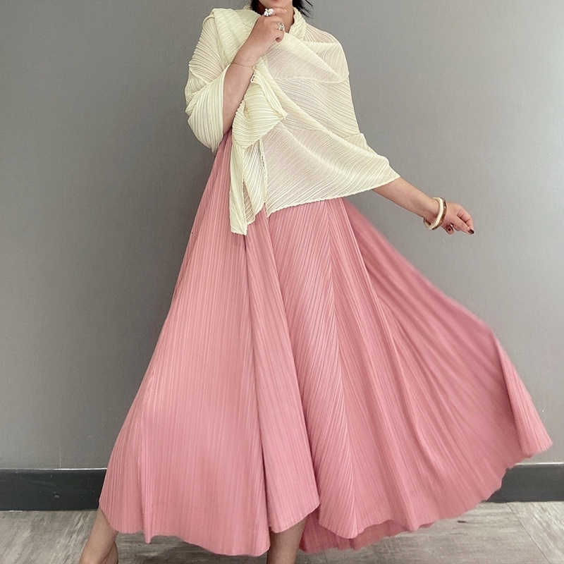 

2021 New Spring Summer V-neck Cherry Blossom Pink Sleeveless Pleated Oversized One-piece A-line Korean Elegant Clothes Ri1v