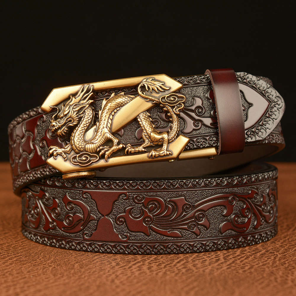 

style Z dragon automatic National buckle genuine cow leather personalized carved new casual men's belt, Black;brown