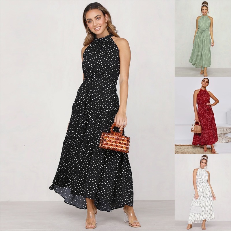 

2021 New Women Summer Vintage Print Rockabilly Robe Femme Halter Sun Vestidos Plus Size Polka Dot Party Ghlt, Black