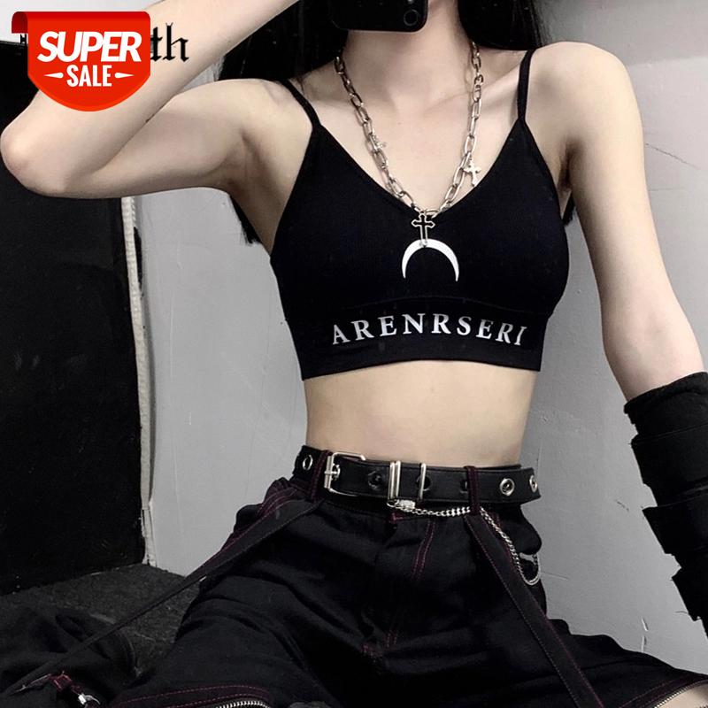 

InsGoth Sexy Camis Women Gothic Harajuku Spaghetti Straps Moon Tank Tops Female Streetwear Casual Kitted Stretch V-neck Tanks #228m, White