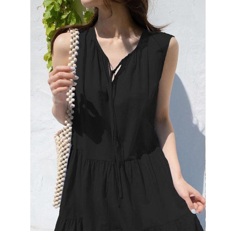 

Casual Dresses Korean Summer Dress Cotton Fold V-Neck Sleeveless Women Solid Fashion Office Lady Loose Long Vestidos 13950, Black;gray