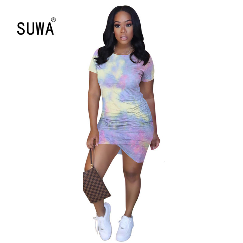 

2021 New Product Tie Dye Printed Sheath Mini Es Woman Party Night Club Short Sleeve Ruched Elegant Sexy Streetwear Vg5m, Orange