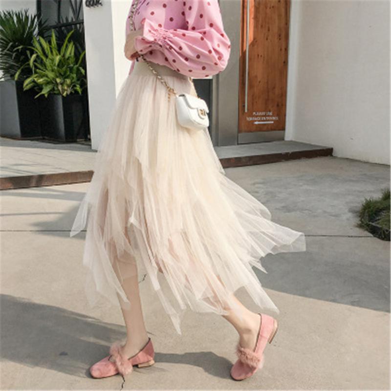 

Skirts Pink Irregular Mesh Tulle Womens Jupe Femme Sexy Maxi Long Tutu Skirt Falda Mujer Elastic High Waist Women PZ2772, Beige