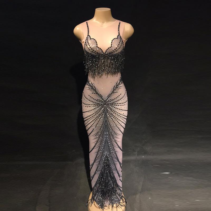 

Casual Dresses Women Sexy Black Rhinestone Mesh Tassel Dress 2021 Birthday Party Celebrity Evening Gown Female See Through Costume