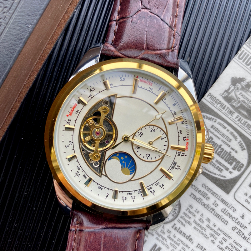 

4-Men watch leather strap tourbillon mechanical movement automatic date stainless steel full-featured fashion montre de luxe watch