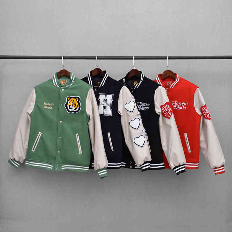 

version of human made day fashion loose leather sleeve wool bomber jacket for men and women, Love black