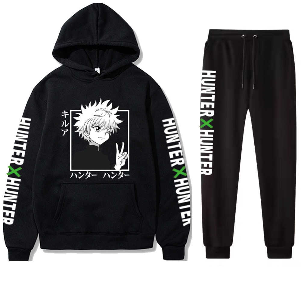 

Anime Hunter X Hunter Killua Suit Hoodie and Pants Fashion Print Pullovers Tops Unisex Y0802, Black