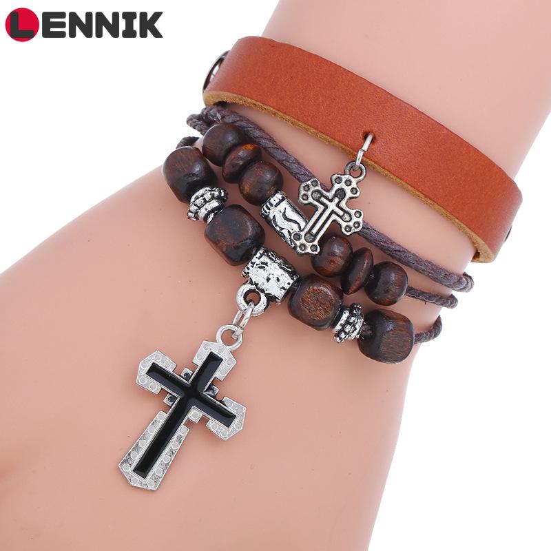 

Charm Bracelets LENNIK Vintage Wood Beaded Cross Leather Bracelet 2021 Multi-layer Hand Woven Punk Hip Hop Fashion Wristband B138