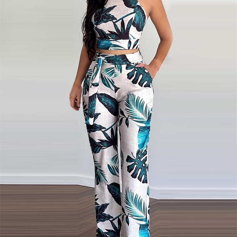 

Women Summer Spring Casual Sleeveless Tropical Print Crop Top & Long Pants Set Vacation 2PCS Set 210709, Green