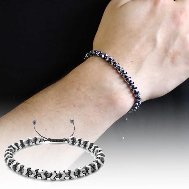 

Tesbihane Bat Design Macrame Braided Silver-Black Hematite Natural Stone Bracelet Bangle