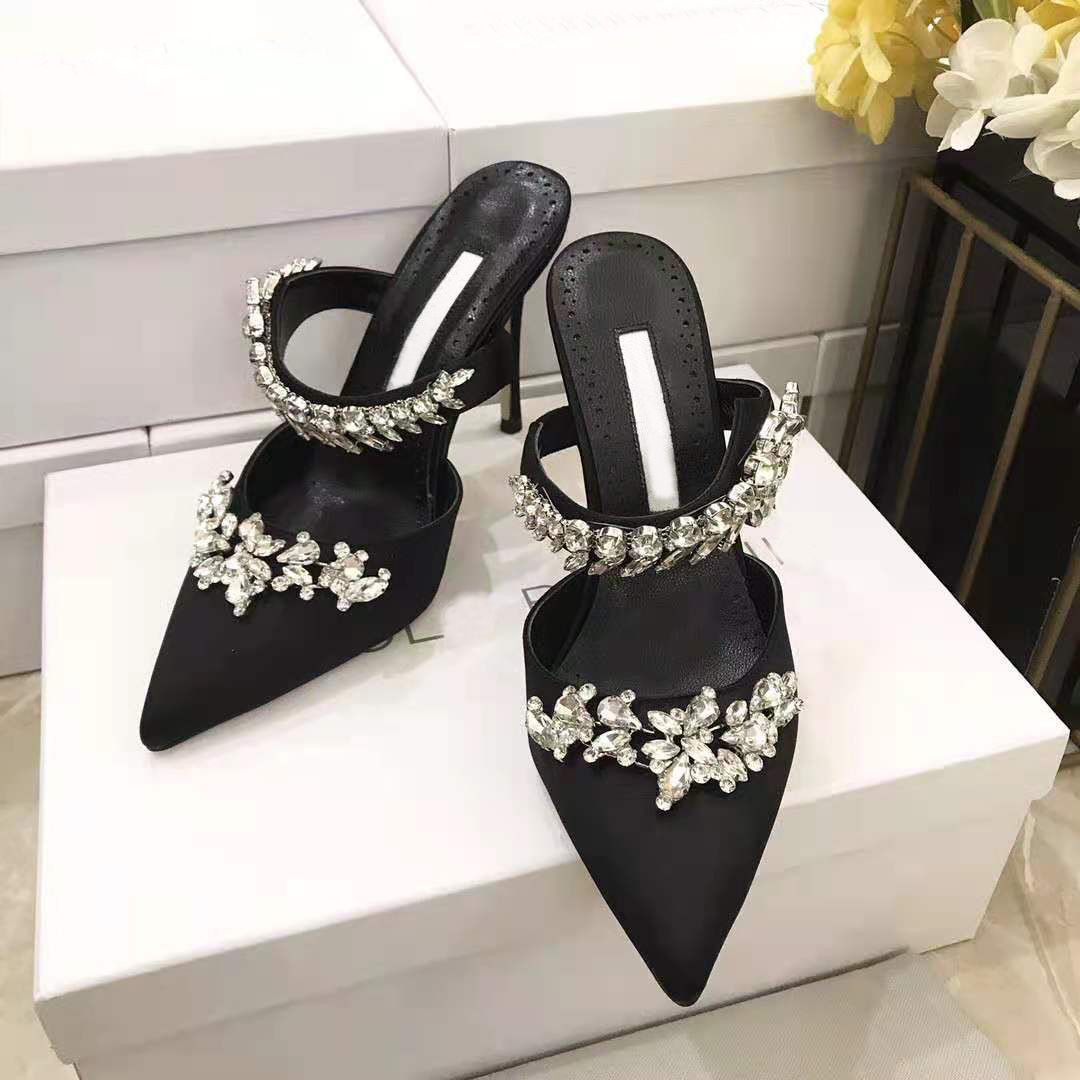 

Italy Shoes Fashion Pumps Lurum Black Satin Crystal Embellished Mules Wedding Party 90mm Heel