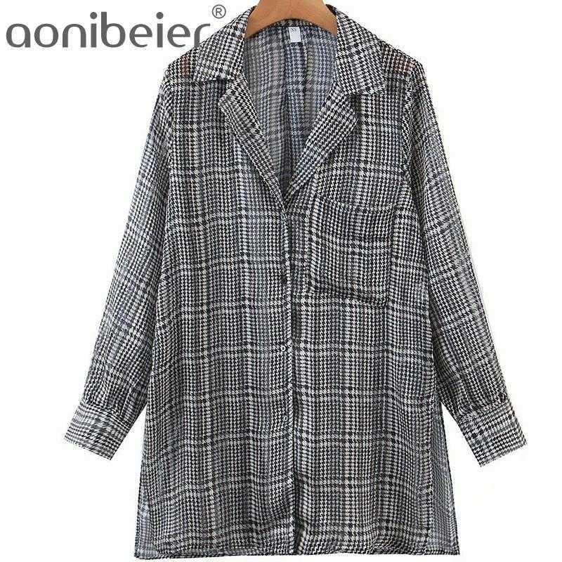 

Summer Thin Blouses Houndstooth Pattern Notched Collar Long Sleeve Slit Side Women Shirts Female Loose Tops 210604