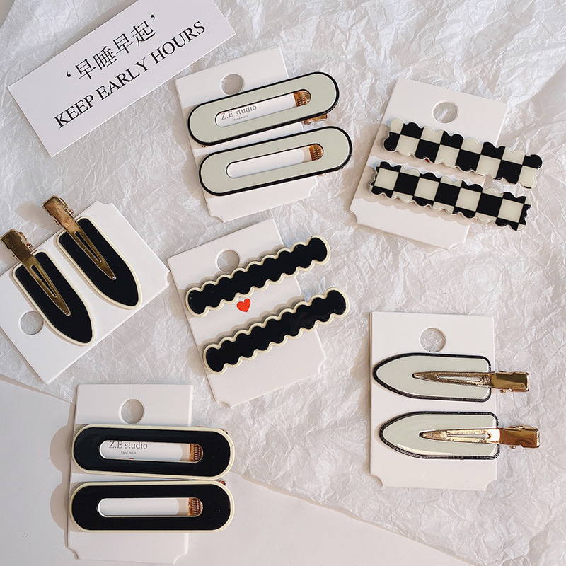 

barrettes hairpin 2-piece black and white checkerboard ins girl acrylic bangs broken hair beauty makeup duck mouth, Golden;silver