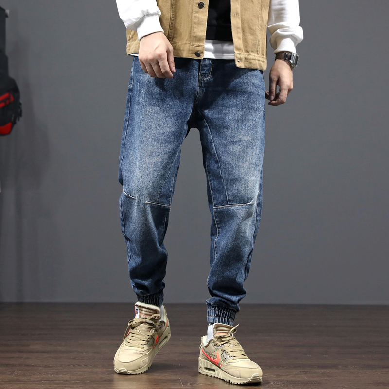 

2021 New Japanese Style Fashion Retro Blue Loose Fit Spliced Designer Denim Cargo Pants Streetwear Hip Hop Jeans Men Joggers Wyez