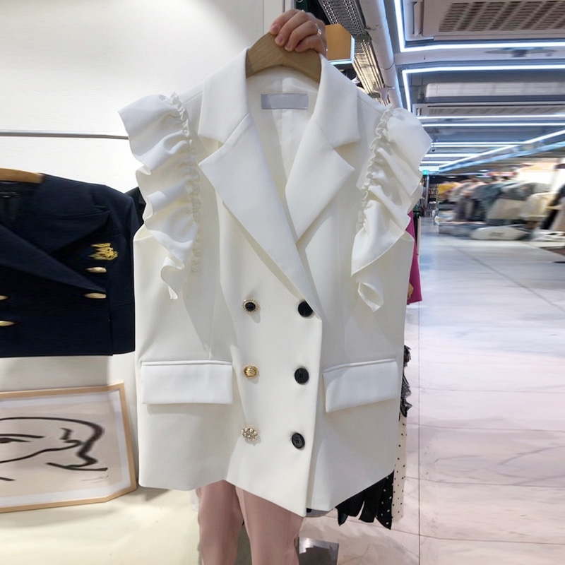 

Spring Feifei Sleeve Patchwork Slim White Suit Vest Sleeveless Jacket Women Blazers 210615