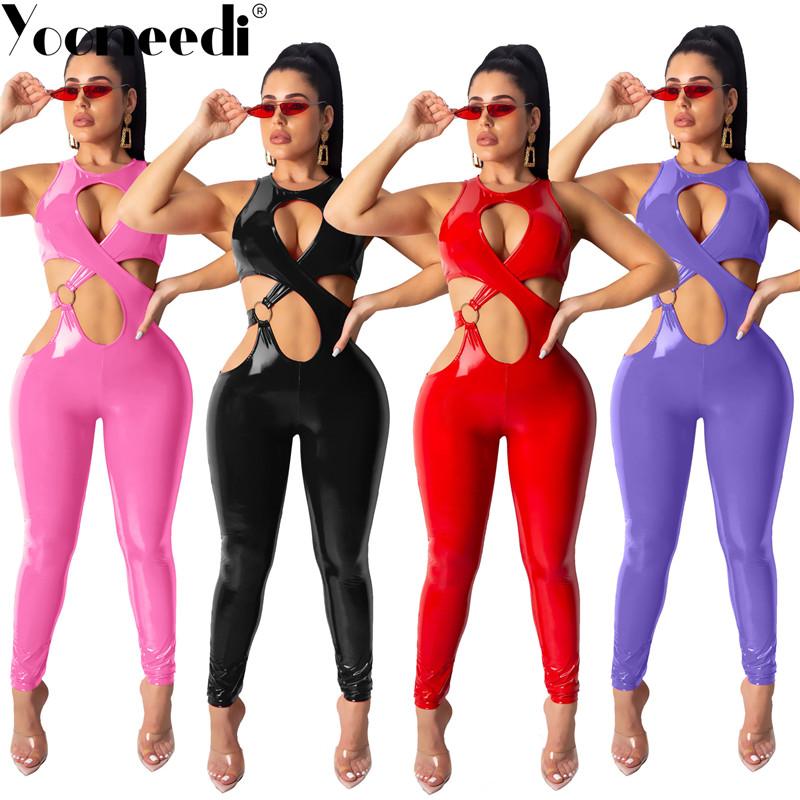 

Women' Jumpsuits & Rompers Yooneedi 2021 Autumn Design Sexy Women PU 4 Color Solid O-neck Strapless Ladies OSM-4546, Black