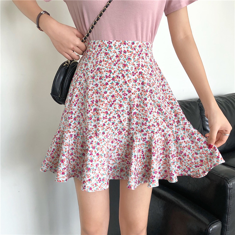 

2021 New Skirt Womens Short Skirts Clothing Spring Summer Pink Floral High Waist Elastic Harajuku Vintage Streetwear Ruffle Chiffon Hiva