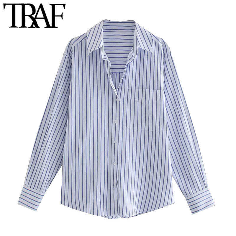 

TRAF Women Fashion Office Wear Striped Loose Blouses Vintage Long Sleeve Pockets Female Shirts Chic Tops 210721, As picture