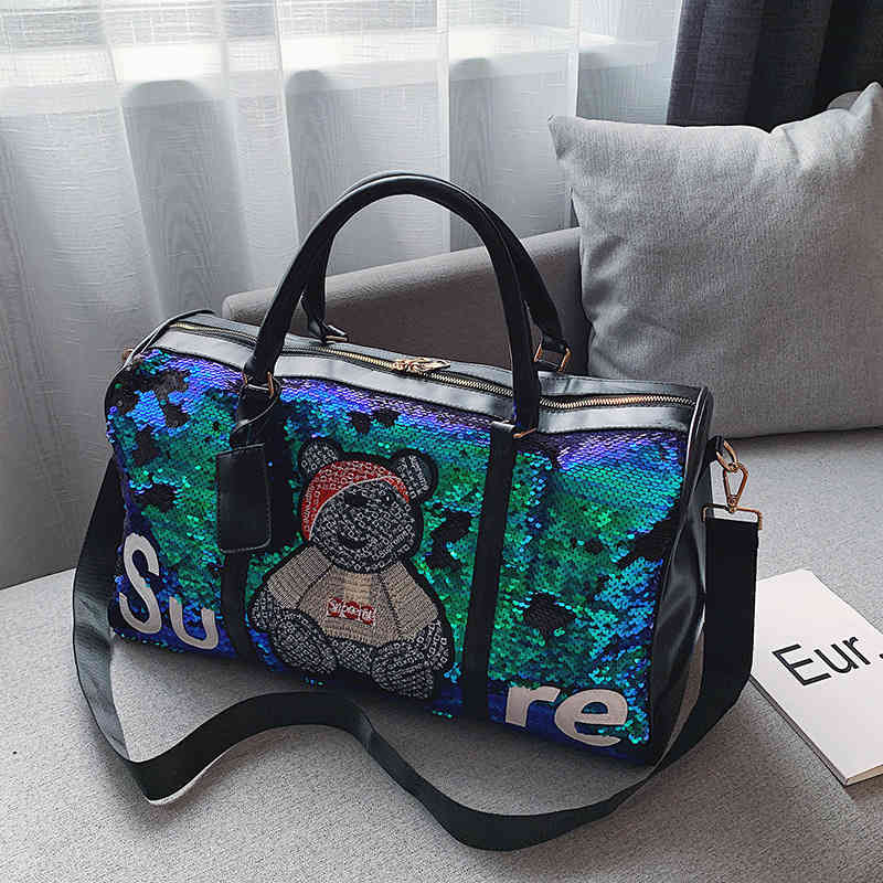 Travelling Bag Duffel s Fashion Women's Portable Pu Sequin Bear Color Change Large Capacity Yoga Fitness Luggage