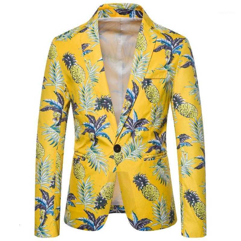 

New Men Suit Jacket Hawaii Flower Style Fashion Pineapple Print Coat Male Autumn High Quality Suit Jacket European Size M-3XL1, Cx107