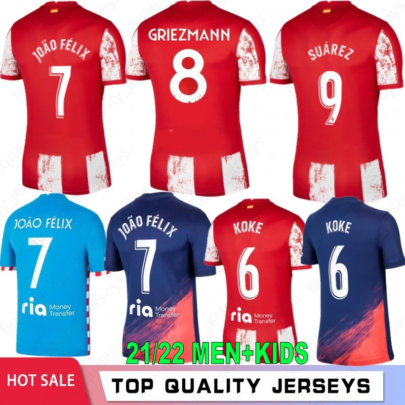 

21 22 Thai Atletico Soccer Jerseys SUAREZ GRIEZMANN JOÃO FÉLIX CORREA KOKE 2021 2022 Madrid M. Llorente Camisetas de Fútbol LEMAR CARRASCO Men Kids Kit Football Shirt, Men(asengna)