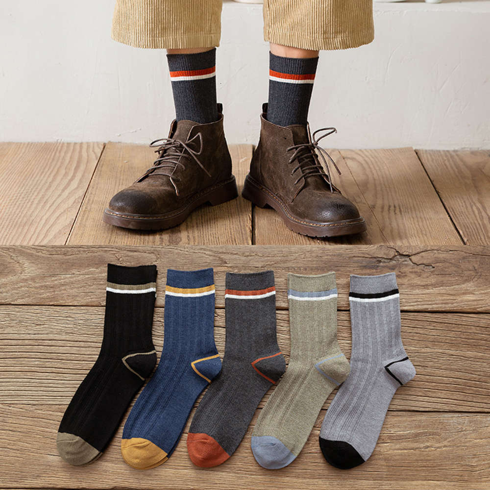 

Autumn and winter new double needle striped business men's solid color breathable cotton socks, Black