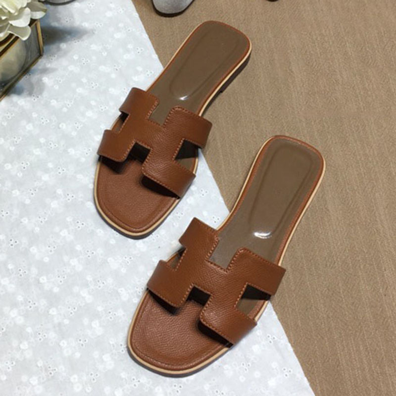 

Ins Paris Designer H Stitches Slipper Women Lichee Pattern Real Leather Sliders Sheepskin Sandals Flat Heel Slippers Luxurys Designers Shoes, Black