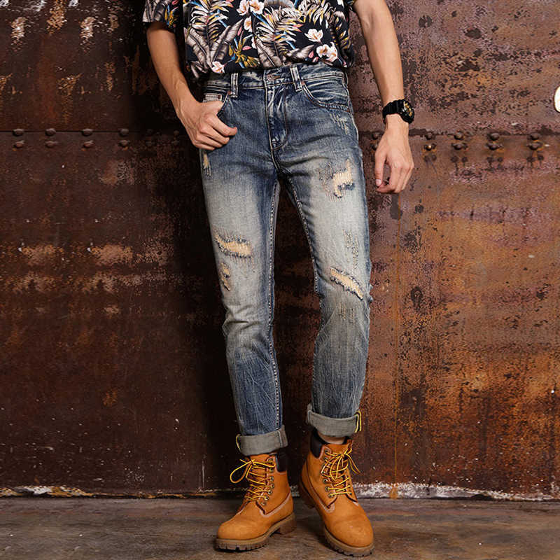

Italian Style Fashion Men Jeans Retro Wash Destroyed Ripped Denim Trousers Patchwork Vintage Designer Distred Hip Hop Pants, Retro color