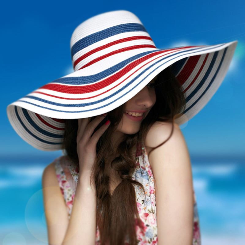 2021 New Fashion Large Wide Sun for Women Summer Straw Beach Classic Striped Big Brim Hat Pqmb