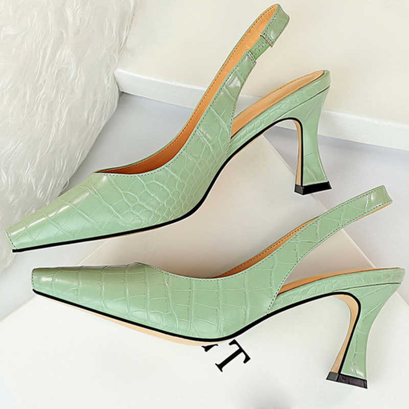 

2021 Women Summer 8cm High Heels Sandles Square Toe Slingback Shoes Green Yellow Leather Korean High Heels Designer Prom Sandals Y0721, White
