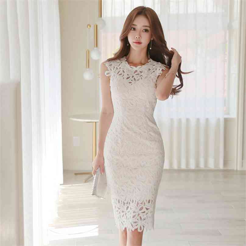 

lace Dress for women Summer Sleeveless crew round cotton hollow out Ladies Sexy Office Party Dresses 210602, White