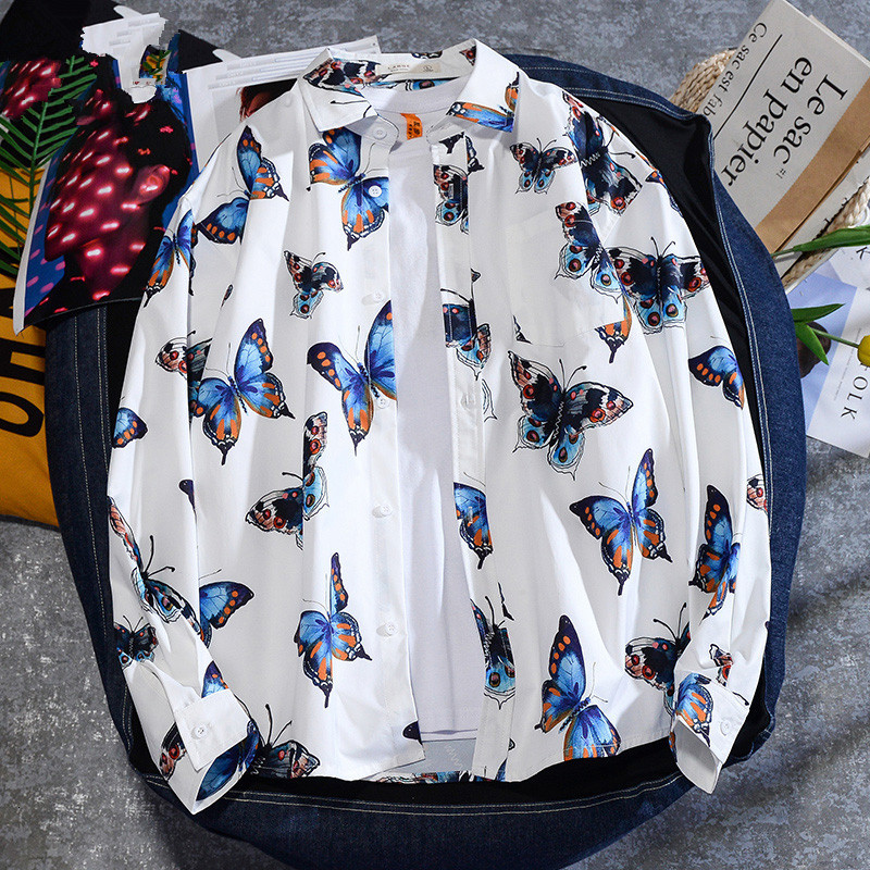 

2021 Korean Fashion Mens Shirts Autumn Butterfly Print Long Sleeve Men Casual Couple Shirt Man Clothing Blusas Koszule Khy5, Black