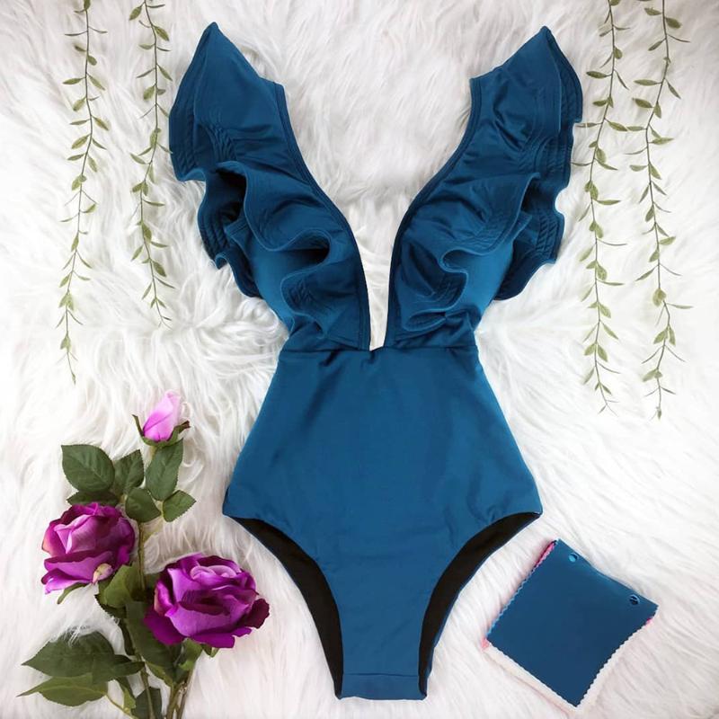 

2021 New Sexy One Piece Swimsuit Solid Backless Push Up Swimwear Women Ruffle Swimsuit Bodysuit Bathing Suit Beach Wear Monokini