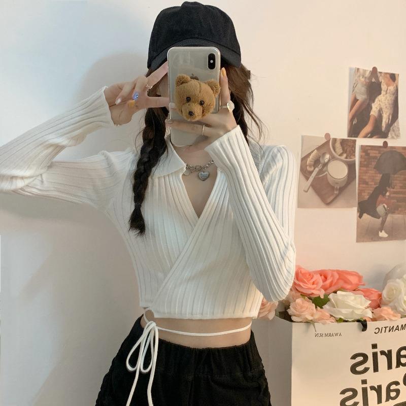 

Women's Knits & Tees Solid Color Lace Up Knit Shirt European Style Turn Down Collar Long Sleeve Cardigan Slim Short Tops, White