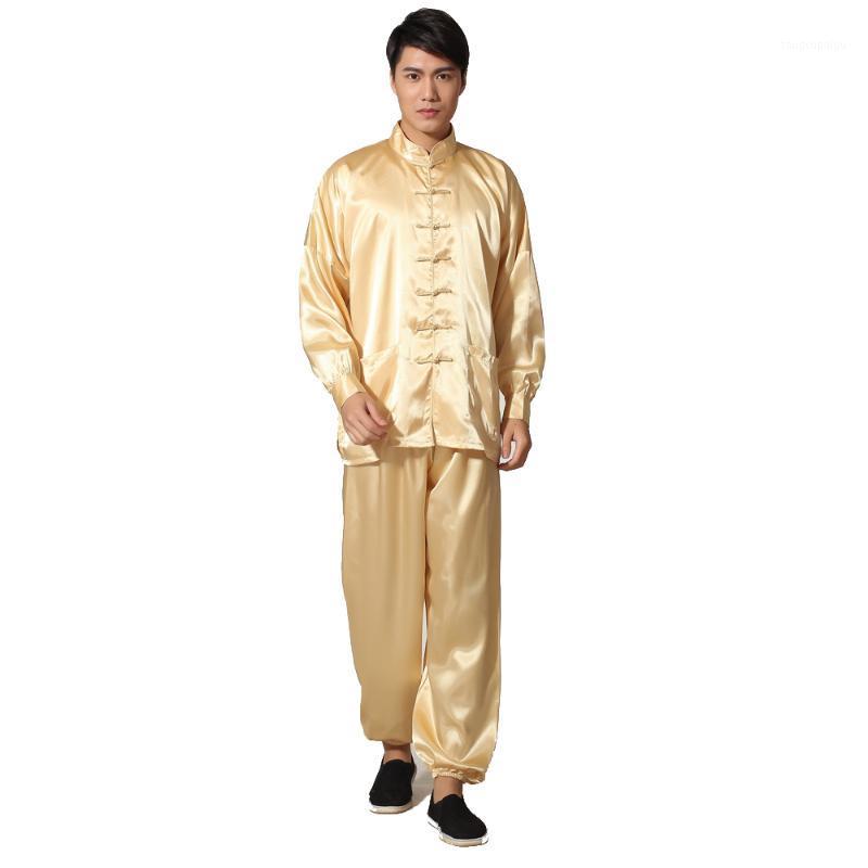 

Men's Sleepwear home clothes Simulation silk Tai Chi suit Tang set off-shoulder cuff plate buckle elastic trousers pajamas performance clothes, Gold