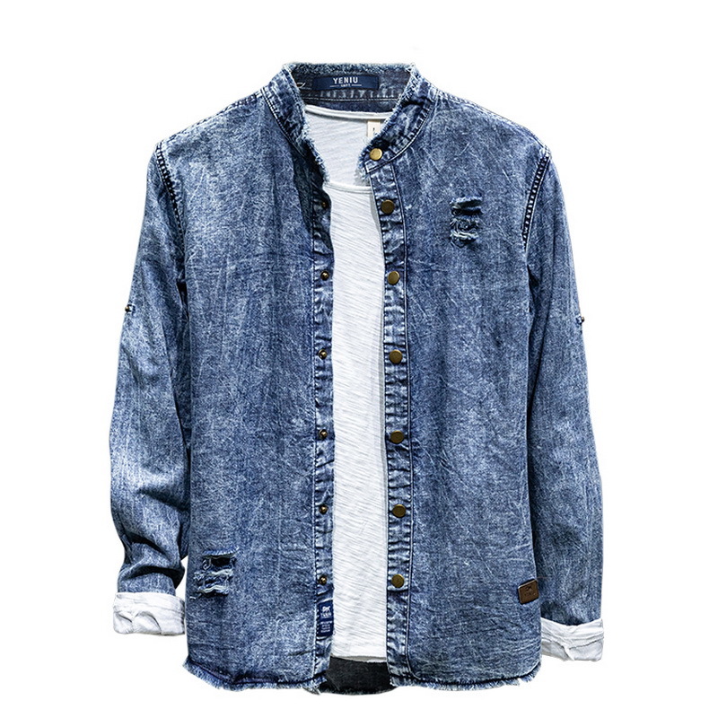 

2021 Autumn and Winter Retro Cotton Denim Casual Long Fashion Sleeve All-match Male Shirt Turtleneck Sua7, Light blue