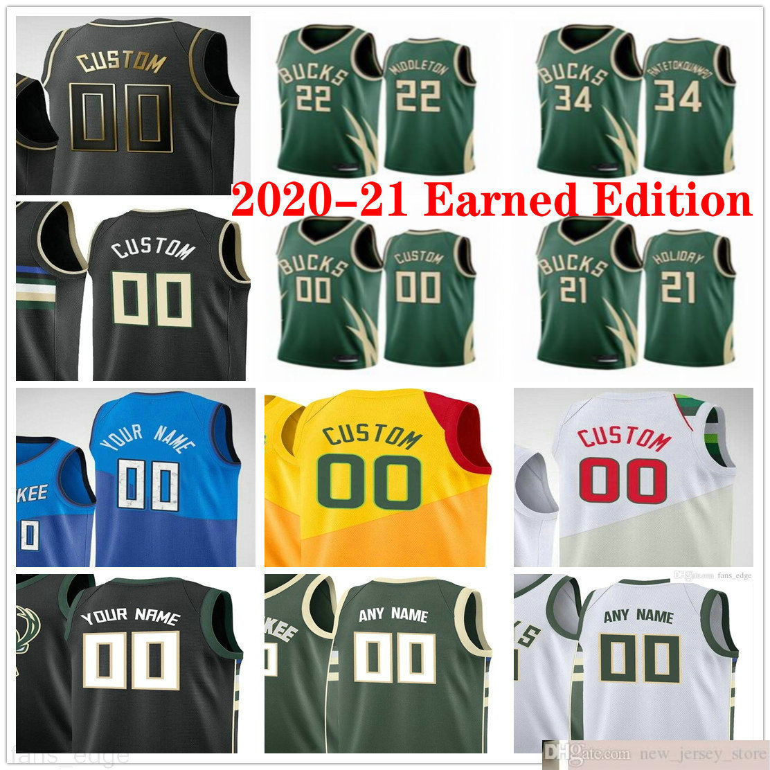 

Custom Printed 2020-21 Earned Edition Giannis 34 Antetokounmpo Khris 22 Middleton Jrue Holiday DiVincenzo Men Woman Youth Basketball Jerseys, Black