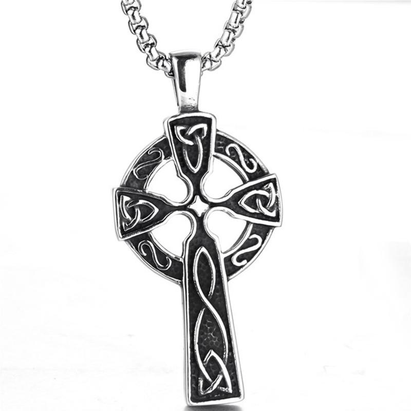 

Pendant Necklaces Cross Necklace Men Stainless Steel Round Pendants Retro Chain Gifts Male Accessories Hip Hop Jewelry, Silver