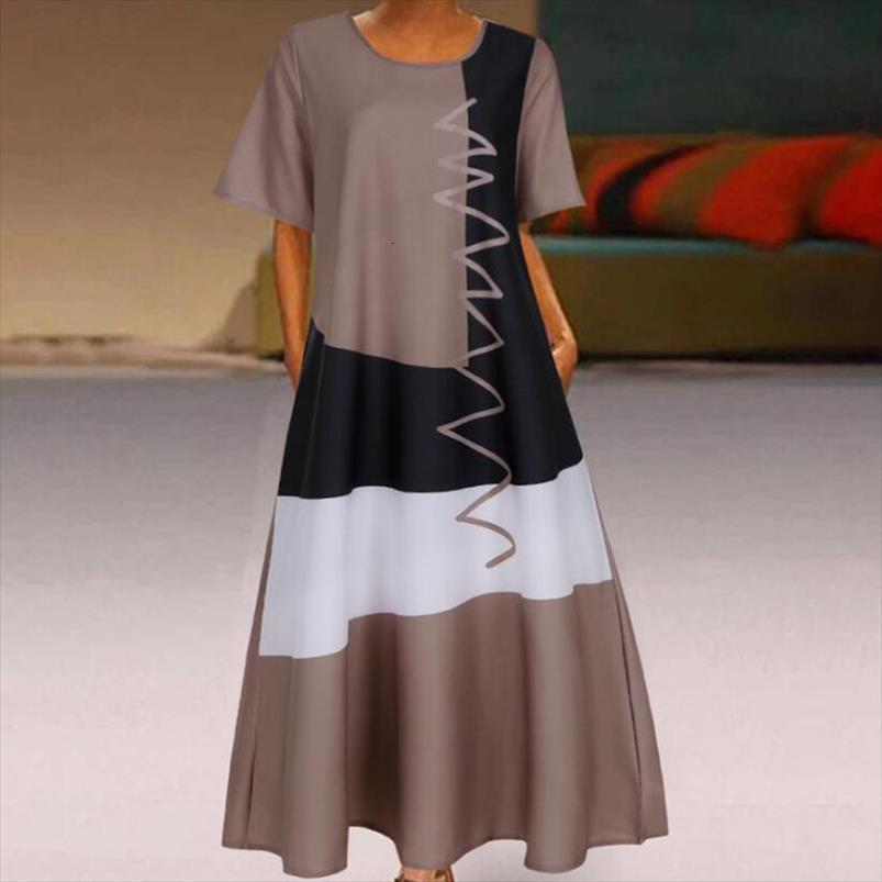 

casual loose o neck women dress daily comfortable short sleeve vintage patchwork bohemian striped print maxi plus size 5xl, Black;gray