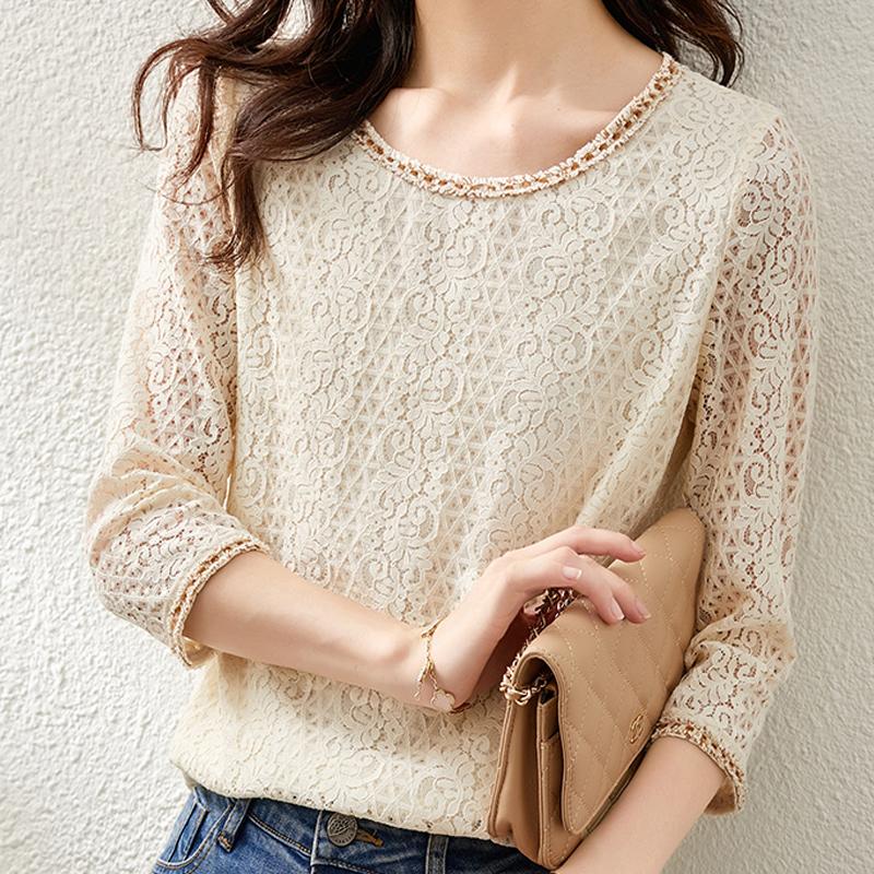 

Women's Blouses & Shirts Fairy Lace Blouse 2022 Autumn Crocheted Hollow Blue O-neck Three-quarter Sleeve Apricot Print Shirt Elegant 16704, White